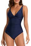 Smismivo Tummy Control Swimsuits One Piece Bathing Suit for Women Slimming Ruched Push Up Padded Vintage Retro Full Coverage V Neck Design for Swimming Pool Beach Party Tropical Vacations (Navy Blue)