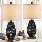 CINSARY Touch Control Rattan Table Lamps, 3 Way Dimmable Bedside Lamps for Bedroom Set of 2 with 2 USB Ports and AC Outlet, Black Wicker Nightstand Lamps for Living Room (LED Bulbs Included)