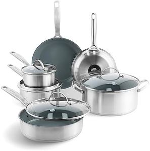 GreenPan Treviso Healthy Ceramic Non-Stick Stainless Steel Cookware, 10 pieces, Including Frying Pans Sauté Pan and Saucepan, PFAS-free, Induction, Oven Safe, Silver