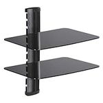 JUSTOP Tempered Black Glass Floating Shelf Wall Mounted Shelves For Routers, DVD players, Controller Storage, Gaming Consoles, Satellite Receivers, With Integrated Cable Management (2 Tiers)