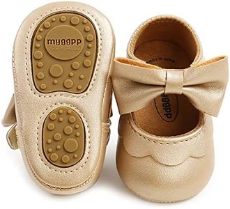 LAFEGEN Baby Girls Mary Jane Flats with Bownot Non Slip Soft Sole PU Leather Newborn Infant Toddler First Walker Cirb Dress Shoes, 12-18 Months Toddler, 07 Gold