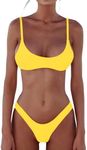 DaiLiWei Womens 2 Piece Brazilian Thong Bikini Set High Cut Swimsuit Padded Scoop Neck Push Up Top Bathing Suit Cheeky Bottom, Bikini Set Yellow, Medium