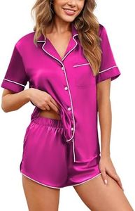Ekouaer Womens Silk Satin Pajamas Set Short Sleeve Sleepwear Button Down Loungewear 2 Piece Pjs Shorts Set Hot Pink Medium