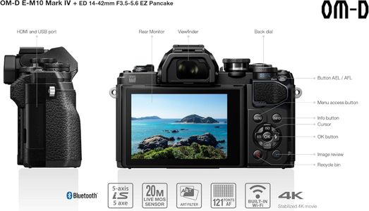 Olympus OM-D E-M10 Mark IV Camera Kit, 20MP, 4K, Wi-Fi, Black + 14-42mm Lens