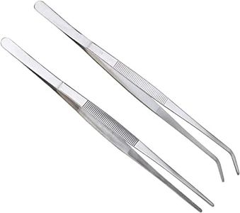 2 Pcs Straight and Curved Tip Tweezers 12 Inch, Stainless Steel Precision Tweezers Set with Serrated Tips Comfortable Ridged Handle, Tweezer Tongs for Cooking Repairing