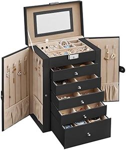 SONGMICS 6 Tier Jewelry Box, Jewelry Case with 5 Drawers, Large Storage Capacity, with Mirror, Lockable, Jewelry Storage Organizer, Christmas Gift for Loved Ones, For Watches, Black UJBC152B01