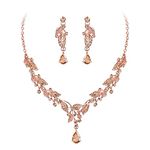 EleQueen Austrian Crystal Necklace Earrings Jewelry Set, Champagne Rose Gold Plated Cubic Zirconia Leaf Teardrop Bridal Jewelry for Brides Wedding Party, Costume Accessories Gifts for Women