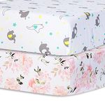 bimocosy 2 Pack Microfiber Fitted Crib Sheets for Baby Girls,Boys 28''x 52'' Ultra Cozy & Soft Crib and Toddler Bed Sheets for Standard Crib and Toddler Mattresses, Floral/Elephant