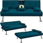 Yaheetech Modern Fabric Sofa Bed Convertible Futon with 2 Cup Holders Recliner Sleeper for Living Room/Spare Room/Guest Room, Aqua Blue