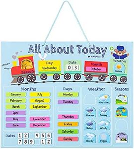 Navaris Kids Magnetic Calendar - Daily Learning Sticker Magnet Chart with Weather, Date, Month, Day, Season for Children - Blue Train Design, English