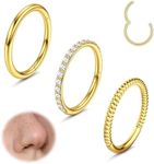 Diamday 3pcs Nose Rings Hoops 316L Surgical Steel Septum Ring CZ Nose Piercing Helix Hoops Cartilage Earrings 18G Gold Nose Ring Tragus Piercing Conch Rook Daith Earrings Clicker Lip Ring 10MM