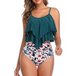 FLYILY Women Two Piece High Waisted Swimwear Tankin Sets Ruffle Ruched Bathing Suit Swimming Costume(2-GreenFlower,XL)