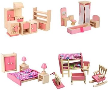 Wooden Dollhouse Furniture Set Including Kitchen Bathroom Bedroom Kid Room for Dollhouse Pink Color