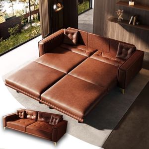 Tabaray 92.1'' King Pull Out Sofa Bed, Convertible Futon Couch, 3-in-1 Faux Leather Sleeper Sofa with Tufted Back, 2 Pillows, Gold Legs, Deep Folding Loveseat for Living Room, Apartment, Light Brown