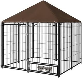 PawHut Perrera con Toldo Valla para Perros Metálica Exterior 2 Cuencos con Soporte Giratorio para Comida para Patio Jardín Terraza 141x141x151 cm Negro