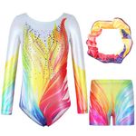 Hovershoes Gymnastics Leotards for Girls Kids Long Sleeve/Sleeveless Sparkle Gymnastics Outfit with Dance Shorts & Hairband Set Athletic Bodysuit Ballet Dancing Leotard