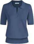 Kate Kasin Women Short Sleeve Polo Sweater Tops Lightweight Dressy Casual Tops Blouses Shirts Grey Blue M