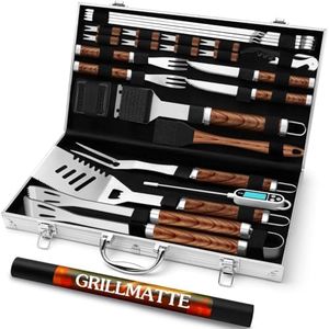 Grilliance 26 Stücke Edelstahl Grillzubehör Set Hochwertiger BBQ Grillbesteck Koffer Perfektes Grillwerkzeug Set für Männer Geschenk mit Tragbarer Aufbewahrungskoffer und Fleischthermometer Braun