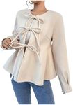 SHENHE Women's Tie Front Crew Neck Knot Peplum Ruffle Flare Flowy Elegant Outerwear Coat Apricot Medium