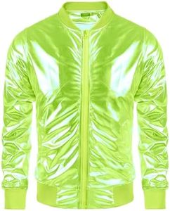 COOFANDY Men's Metallic Jacket 70s Disco Dance Party Costume Shiny Varsity Zipper Baseball Bomber Jacket,Lemon,S