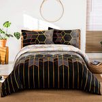 Geometric Diamond Duvet Cover Golden Stripes Soft Microfiber Bedding Set, Reversible Lightweight Quilt Cover 3pcs with Zipper Closure (Grey, Double)