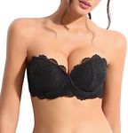 Plusfreeee Push Up Strapless Lace Bra Thick Padded Add 2 Cup with Clear Straps Convertible Underwire Balconette Black
