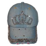 Popfizzy Bling Hat for Women and Girls, Fun Rhinestone Baseball Cap, Bejeweled Distressed Denim Hat, Bling Gifts for Women, Princess Crown (Light Denim), One Size