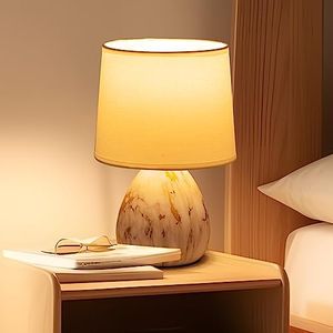 Aigostar Lampara de Mesa de Cerámica, Vintage Lámpara de Mesita de Noche con Pantalla de Tela, Casquillo E14, max.40W, Luz de Noche, Lámpara de Sobremesa para Dormitorio, Salón (sin Bombilla) -H255mm
