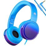 Rockpapa Grade Wired Headphones with Microphone, Lightweight Foldable Stereo Bass Headphones with No-Tangle Cord & 3.5mm Jack for Adult/Kids, Laptop Computer Tablet Airplane Chromebooks Blue