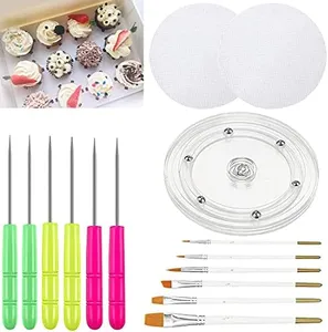 Cookie Decorating Kit Supplies Cookie Decorating Supplies with 1 Acrylic Cookie Turntable, 6 Cookie Fondant Brushes 6 Cookie Scribe Needle, Royal Icing Tools for DIY Baking Cookie Turntable Set