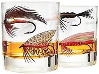 Greenline Goods – Fly Fishing Glass Set for Fisherman and Outdoorsman – Fly Lures Themed 10 oz Whiskey Drinking Glass Set of 2