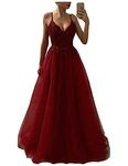 V Neck Spaghetti Straps Tulle Beaded Long Evening Prom Dresses Burgundy US 14