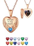 FindChic Memorial Gifts for Loss of Mother Personalized Rose Gold Angel Wings Locket Necklace Print Picture Always in My Heart Pendant with Custom Birthstone Photo Keepsake Jewelry for Women Mom Dad