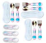 Toddler Utensils - Kids Silverware Set with Travel Case x 3 - Stainless Steel Forks Spoons for 1 2 3 4 Year Old. Metal Lunch Cutlery for Children Girls, Round Handle for Lunch-Box, 6 Pieces Pink Blue