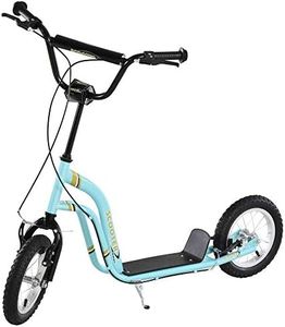 Aosom Youth Scooter Front and Rear Caliper Dual Brakes 12-Inch Inflatable Front Wheel Ride On Toy for Adult Age 5+, Blue