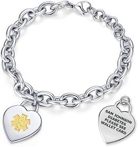 Divoti Custom Engraved Medical Alert ID Bracelet for Women | GS Heart Charm Medical ID Tag with Adjustable Curb Chain | Waterproof Stainless Steel Emergency ICE Jewelry (Fits 5" - 6" Wrists)
