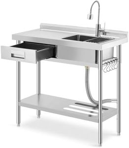 39" Stainless Steel Freestanding Utility Sink with Left Workbench & Drawer – Commercial Kitchen Sink with Hot & Cold Faucet, Storage Shelf, Knife Holder, Adjustable Legs – Indoor/Outdoor Use