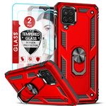 LeYi for Samsung Galaxy A12/M12 Case and 2 Tempered Glass Screen Protector,Ring Holder Military Grade Protective Silicone Shockproof Tough Armor Hard Mobile Phone Cover for Samsung A12 Red