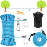 Dog Tie Out Cable for Camping,50ft Portable Overhead Trolley System with 10ft Runner Lead for Dogs up to 200lbs，Portable Reflective Dog Lead Line for Yard, Park and Outdoor (Blue)