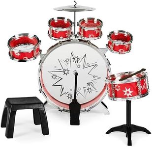 Best Choice Products 11-Piece Kids Beginner Drum Kit, Musical Instrument Toy Drum Set for Music Practice w/Bass, Toms, Snare, Cymbal, Stool, Stand Drumsticks - Red
