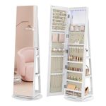 SONGMICS 6 LEDs Mirror Jewellery Cabinet, 360° Swivel Jewellery Storage Organiser, Lockable, Free-Standing Frameless Full-Length Mirror with Storage, White Surface, Greige Lining JJC007W02