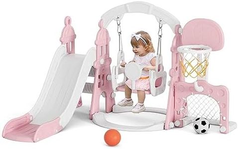 KORIMEFA 5-in-1 Kids Slide and Swing Set, Toddler Slide with Basketball Hoop, Swing, Outdoor Indoor Playground for Toddlers 1-3 (5 in1-Pink)