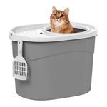 IRIS USA Oval Cat Litter Box with Catching Lid and Scoop - Medium - Top Entry Stylish Enclosed Kitty Dog Proof Box, Litiere Pour Chat Bac - Gray