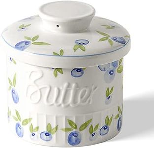 toptier Butter Crock for Counter with Water Line, On Demand Spreadable Butter, Ceramic Bell Style Keeper to Leave Counter, French Dish with Lid, (Yummy Blueberry) White 4.5×4.2