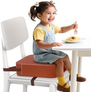 Toddler Booster Seat for Dining Table and Kitchen Chair – Adjustable Safety Straps, PU Leather, Non-Slip, Easy to Clean, Portable Travel Foam Booster Cushion for Kids & Toddlers (Brown)