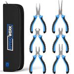 Effektwerk 6-Pc Mini Pliers Set, Linesman, Long Nose, Needle Nose, Bent Nose, Diagonal Cutting & Wire Cutters, Electrician Tool Kit w/Small Pouch, Use for Jewellery Craft & Electronic Repairs