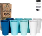 Grow Forward Premium Wheat Straw Cups - Set of 8 Unbreakable BPA Free Reusable Hard Plastic 20 oz Drinking Glasses for Water, Camping, RV - Large Tumblers for Kitchen - Ocean