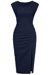 ihot Cocktail Dress for Women Elegant Navy Blue Formal Ruched Bodycon Wedding Guest Homecoming Evening Party Dress Midi Length Navy L