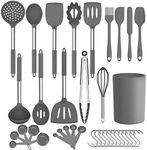 Bocowi Cooking Utensil Set, 25pcs Non-Stick Heat Resistant Silicone Kitchen Utensils Spatula Set with Holder, Stainless Steel Handle (Gray)