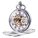 TREEWETO Mechanical Pocket Watch - Dream Dragon Skeleton Half Hunter Double Open Silver Case